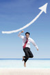 Successful businessman and increase arrow sign cloud at beach