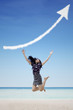 Successful businesswoman and increase arrow sign cloud at beach