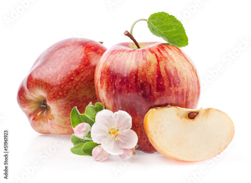 Photo: Red Apples with flowers isolated on white background Red Apples with flowers isolated on white background