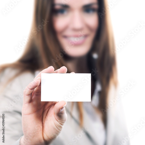 Photo: woman handing a blank business card woman handing a blank business card