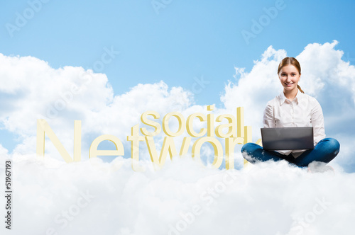 Illustration: young girl running in the clouds with a laptop young girl running in the clouds with a laptop