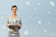Photo: attractive business woman holding a table attractive business woman holding a table