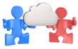 The Cloud.Puzzle people holding a Metal Cloud. Blue and red.