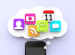Modern smartphone with colorful apps in a thinking bubble.