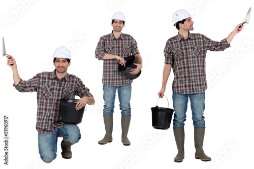 Photo: Multiple shot of handyman with bucket and trowel Multiple shot of handyman with bucket and trowel