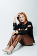 Golden Fashion Girl Portrait. Red Hair.