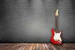 Raum mit Holzboden, Ziegelwand und E-Gitarre rot
