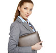 young attractive business woman uses a mobile tablet computer wi
