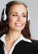 Support phone operator pointing, over gray