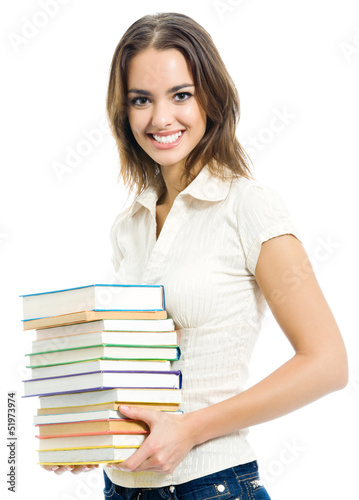 Photo: Young smiling woman with textbooks, isolated Young smiling woman with textbooks, isolated