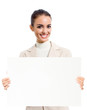 Photo: Businesswoman showing blank signboard, on white Businesswoman showing blank signboard, on white
