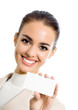 Businesswoman showing blank business card, isolated