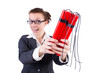 Businesswoman with dynamite on white