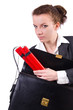 Businesswoman with dynamite on white