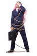 Arab man tied up with rope on white