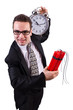 Man with time bomb isolated on white