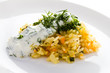 White rice with garlic sauce on a plate  on white background