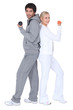 Photo: Couple back to back with barbells Couple back to back with barbells
