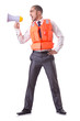 Man in life jacket isolated on white