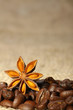 Coffee and Star Anise on sackcloth background with copyspace