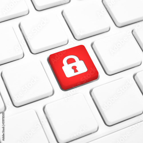 Illustration: Security internet login concept, red lock key on white keyboard Security internet login concept, red lock key on white keyboard