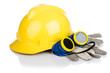 Photo: Helmet and tools isolated on white Helmet and tools isolated on white