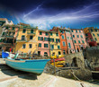 Cinque Terre. Beautiful view of the port with boats and colourfu