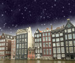 Photo: Amsterdam. Beautiful view of classic buildings with night sky Amsterdam. Beautiful view of classic buildings with night sky