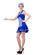 Woman in costume holding hands on white