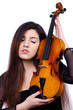 Young performer with violin on white