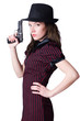 Woman gangster with handgun on white
