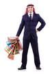 Arab man with shopping gifts on white