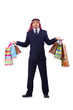 Arab man with shopping gifts on white
