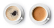 two cups of coffee isolated on white, top view