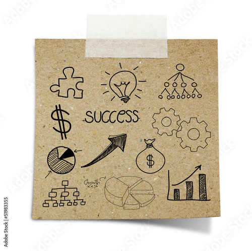 Photo: drawing business chart note taped recycle paper on white backgro drawing business chart note taped recycle paper on white backgro