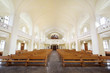 Rows of benches and organ in Evangelical Lutheran cathedral
