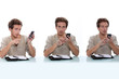 Man with diary typing text message