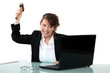 Woman threatening computer with hammer