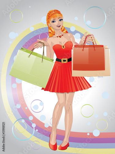 Vector: Shopping girl with red hair Shopping girl with red hair