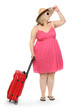 Happy obese woman going to vacations.