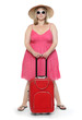 Happy overweight woman going to vacations.