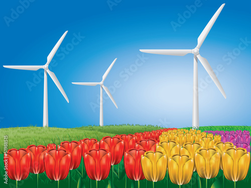 Vector: Wind turbine on tulip field Wind turbine on tulip field