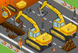 isometric yellow excavator in rear view