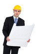 Architect in suit with blueprints