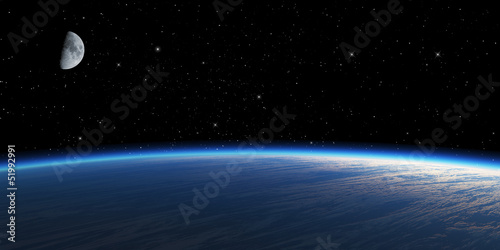 Illustration: Blue planet with moon on starry space background. Blue planet with moon on starry space background.