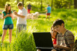 Teenagers having fun in the nature on sunny spring day