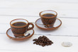 Set de cafe, original, cubano, tetera, tasa, granos y azucarera.