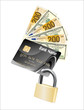 Money credit card and padlock. Concept of a safe payment
