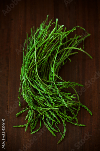 Photo: Wild, thin, pencil asparagus bunch on wooden board Wild, thin, pencil asparagus bunch on wooden board