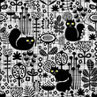 Seamless background with cute black cats.
